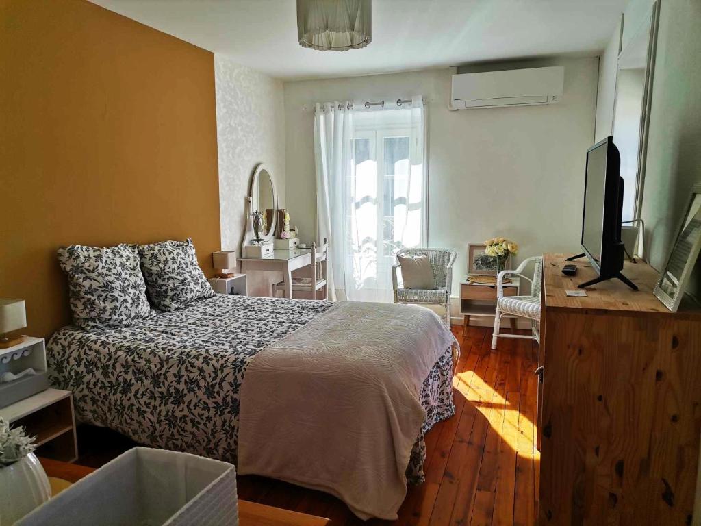 um quarto com uma cama e uma televisão em La Dolce Vita Lucie em Vals-les-Bains