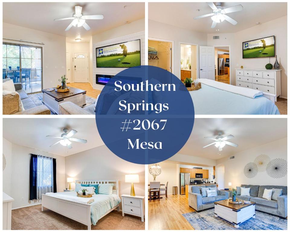 eine Collage mit Fotos von einem Schlafzimmer und einem Wohnzimmer in der Unterkunft Southern #2067 Mesa condo in Mesa