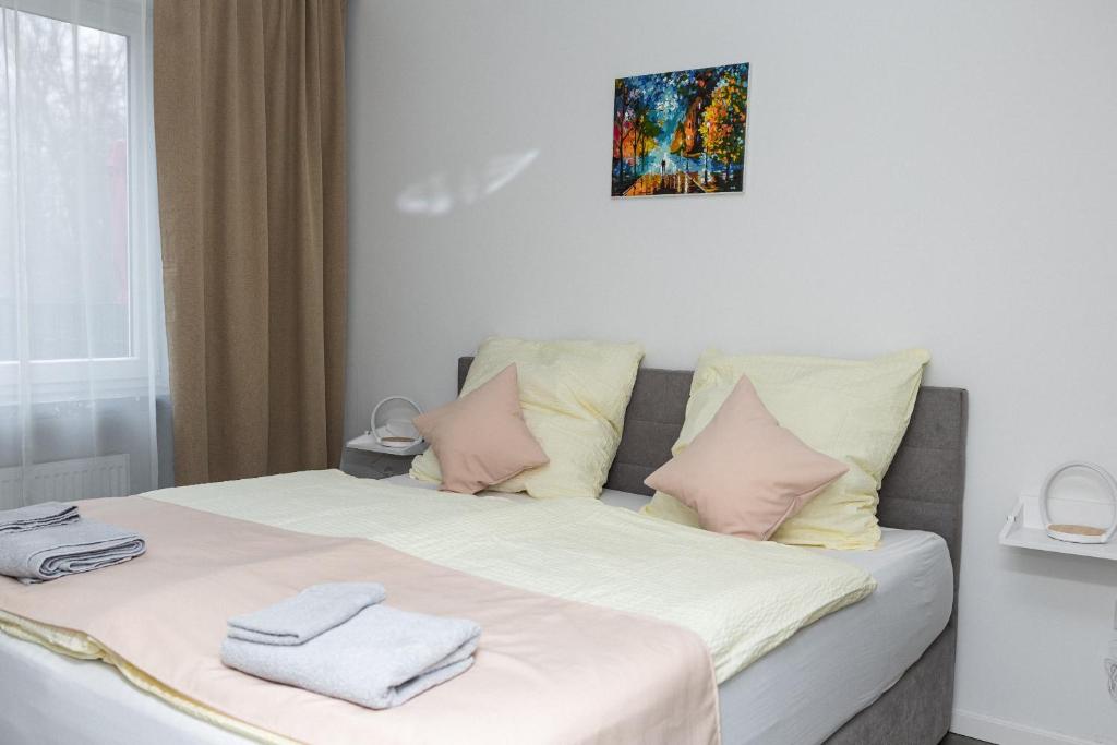 um quarto com uma cama com almofadas cor-de-rosa e amarelas em Schöne Wohnung am See mit Wi-Fi & Netflix em Bielefeld