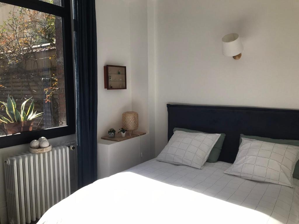uma cama com duas almofadas e uma janela num quarto em LE JARDIN D'ALEXANDRE em Orléans