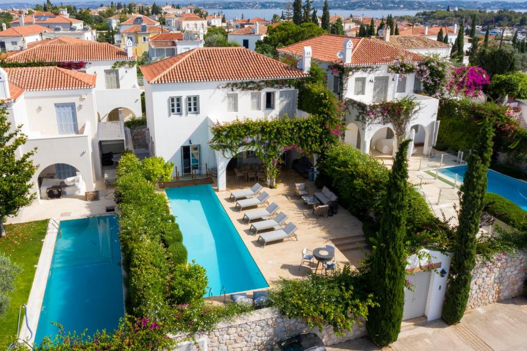 an aerial view of a villa with a swimming pool at Villa Karma in Spetses