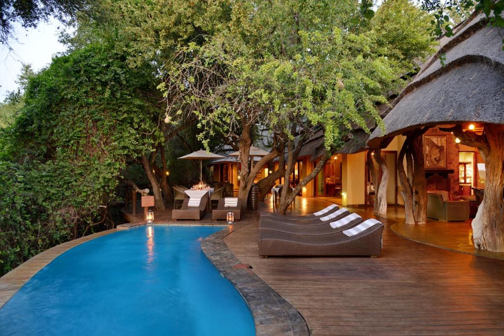 a resort with a swimming pool with chairs and trees at Motswiri Private Safari Lodge in Madikwe Game Reserve
