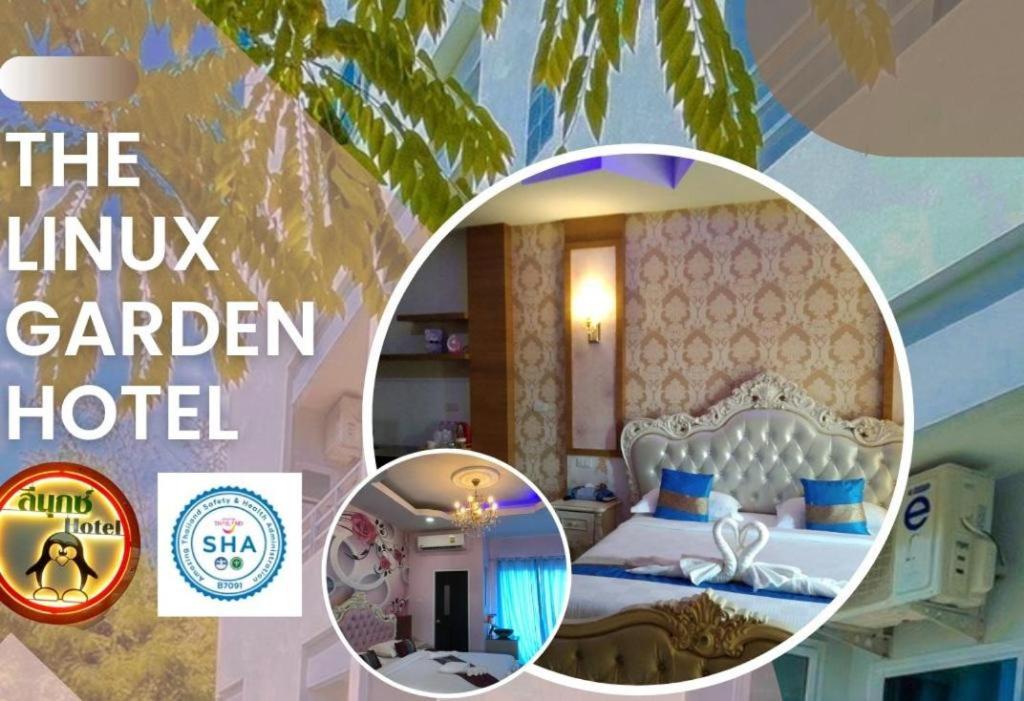 a collage of a bedroom with a bed and a hotel at The Linux Garden Hotel (City Amphur Muang Yala) in Yala