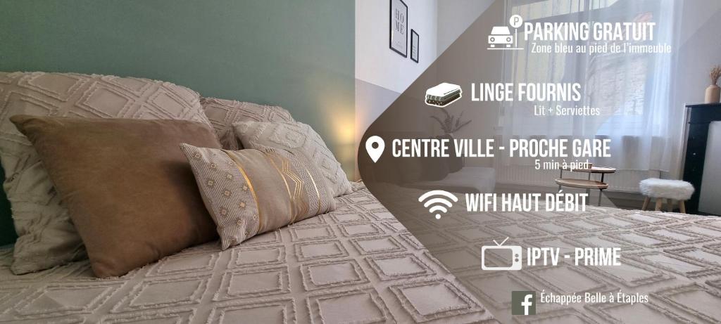 a poster of a bedroom with a bed and furniture value dmg at Élégant Appartement Centre Ville - 4 pers in Étaples