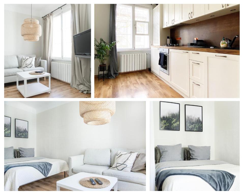Un collage de tres fotografías de una cocina y una sala de estar. en A cosy studio apartment in the heart of Tallinn, en Tallin