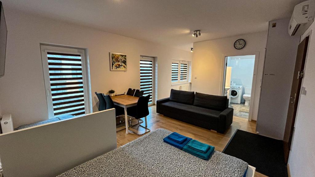 a living room with a couch and a table at Apartament Lublin Centrum "Ice Cat" FREE PARKING in Lublin