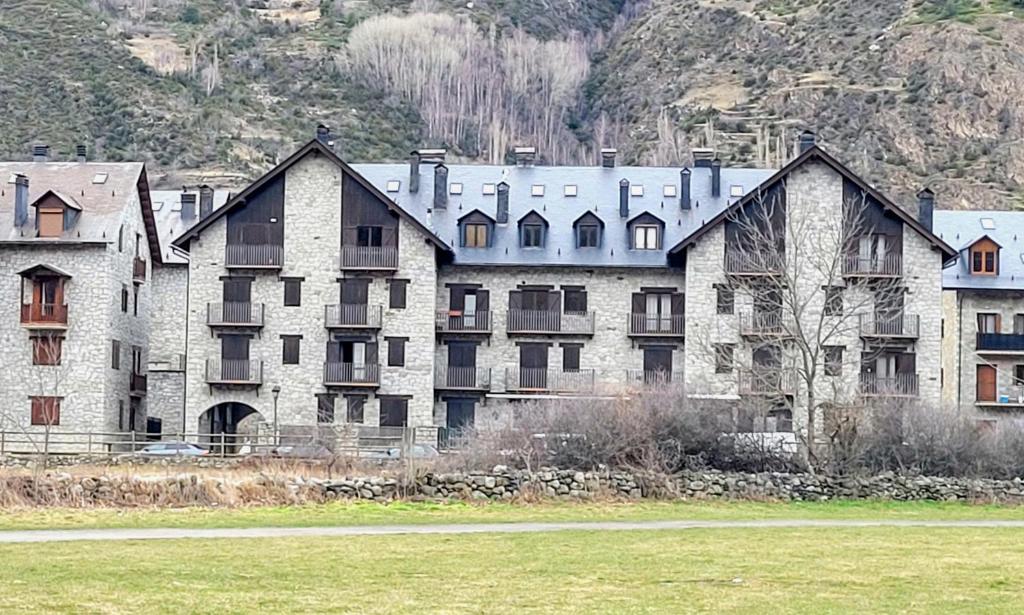 un grand bâtiment avec de nombreuses fenêtres dans un champ dans l'établissement Apartamentos Nogueret, à Benasque