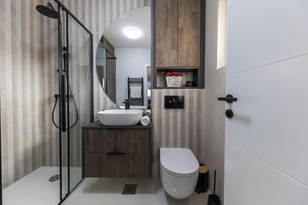 łazienka z prysznicem, toaletą i umywalką w obiekcie Dispetto apartment in old city w mieście Zadar