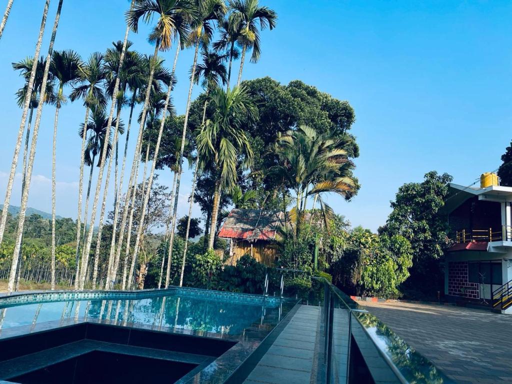 un complejo con piscina y palmeras en Pool Villa of COORG en Madikeri