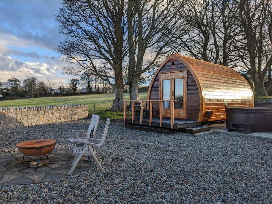 eine kleine Holzhütte mit einem Tisch und einem Stuhl in der Unterkunft The Pod Fabulous glamping pod near Snowdonia. in Caernarfon