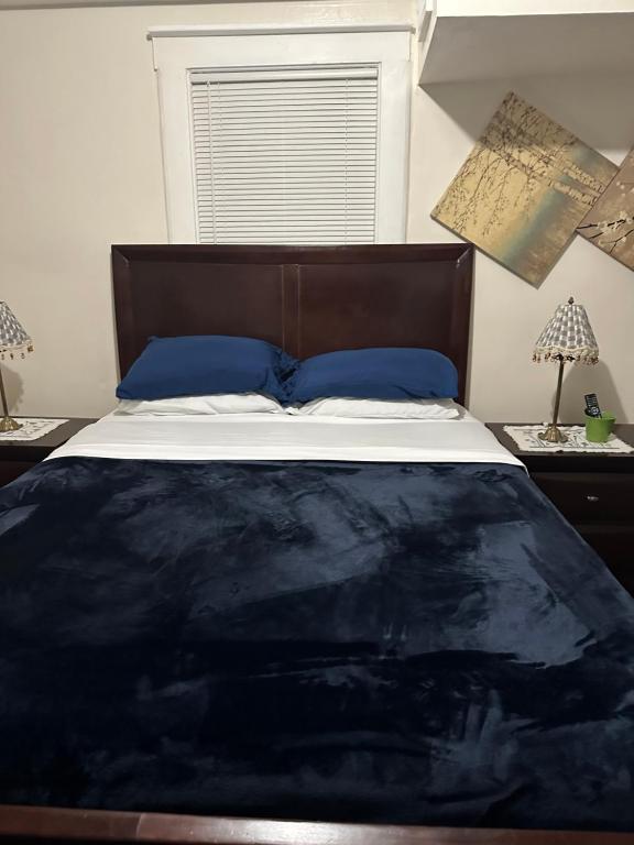 um quarto com uma cama grande e almofadas azuis em Victorian Palace 3 em East Orange