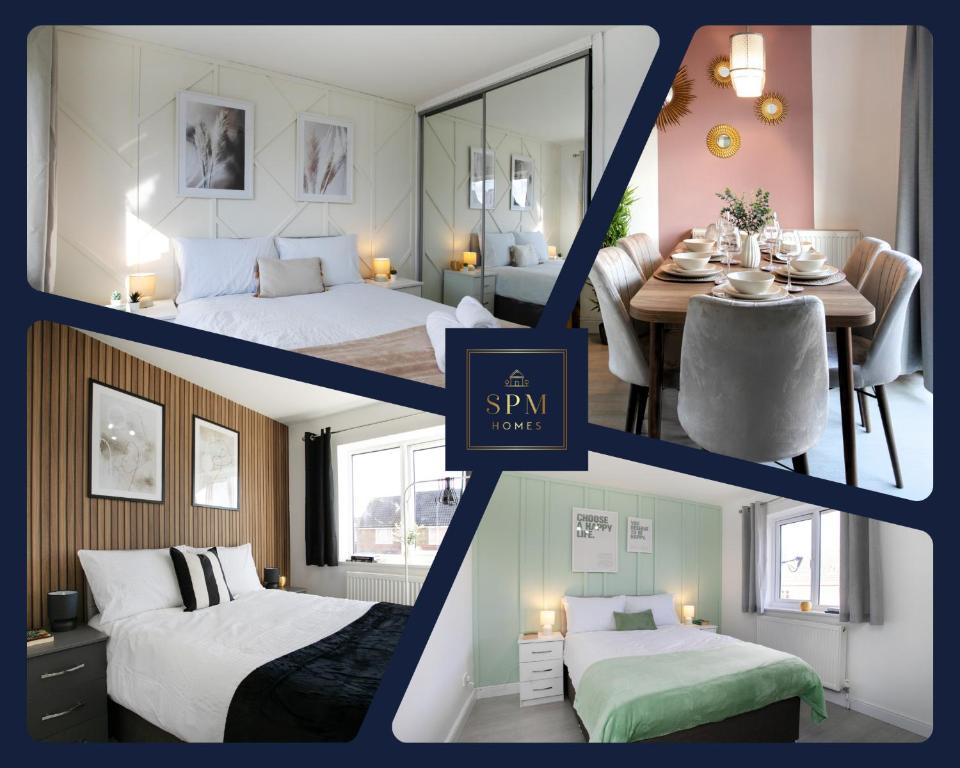 a collage of four pictures of a hotel room at 4 Bed Contractor House-Parking-WiFi-Smart Tvs in Each Bedroom-Special Rates Available in Peterborough