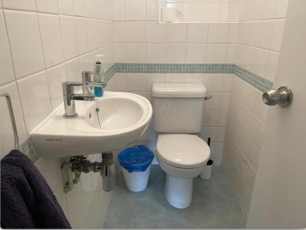ein Badezimmer mit einer weißen Toilette und einem Waschbecken in der Unterkunft Tranquil Haven: A Cozy Retreat for Four in London