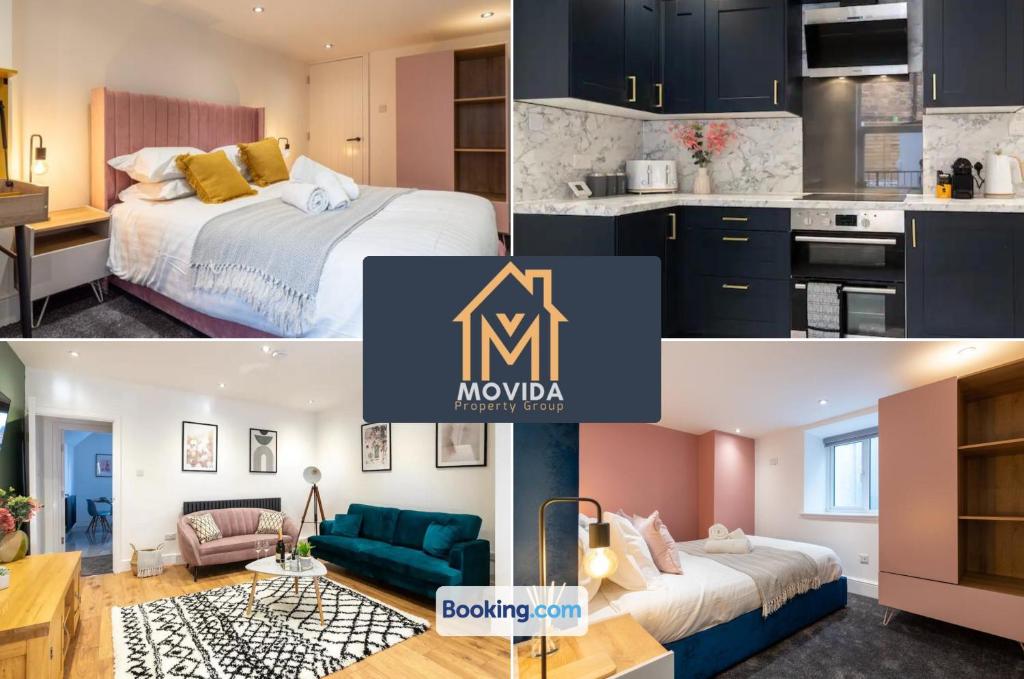 a collage of photos of a kitchen and a living room at 3 Bed Apartment By Movida Property Group Short Lets & Serviced Accommodation Harrogate in Harrogate