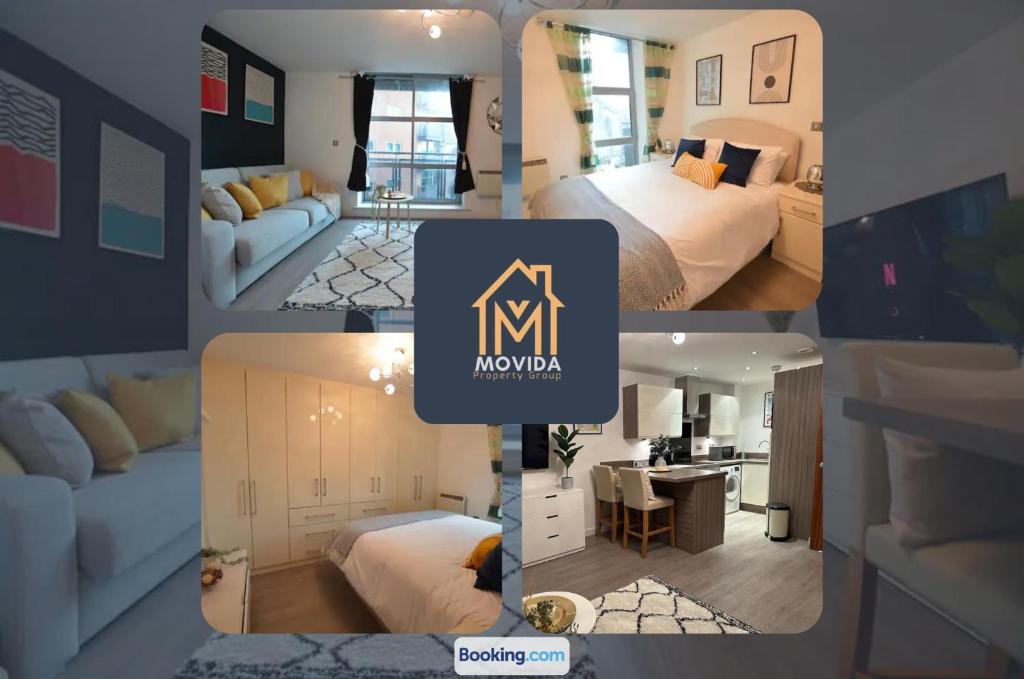uma colagem de quatro fotografias de um quarto de hotel em Beautiful Apartment Next To LGI By Movida Property Group Short Lets & Serviced Accommodation em Leeds