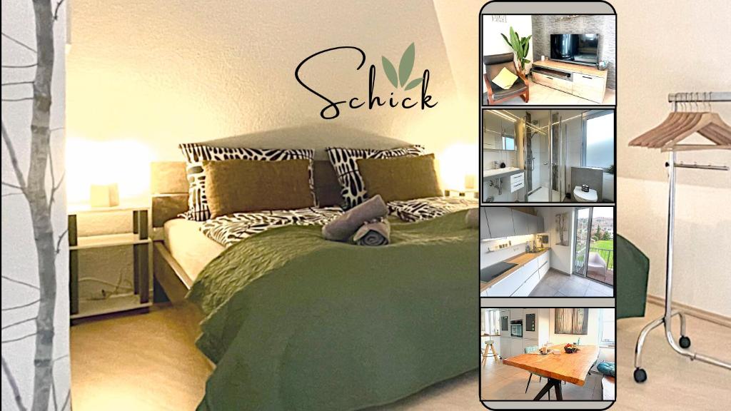 a bedroom with a green bed and a table at Femo SCHICK-modern, Natur, Rothaarsteig, 2Etg, 2Bäder in Burbach