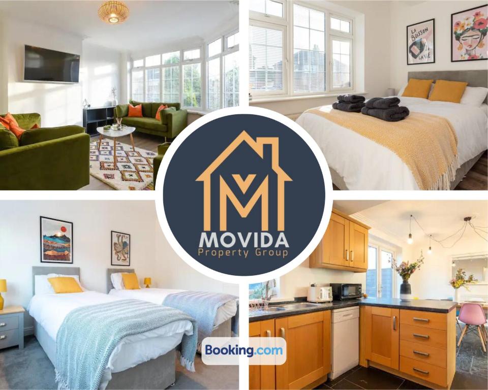 a collage of three pictures of a kitchen and a bedroom at Large Modern 6 Bedroom House By Movida Property Group Short Lets & Serviced Accommodation With Games Room in Adel