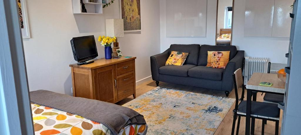 a living room with a couch and a tv at Modern studio apartment with outstanding views, sleeps 2 in Newlyn