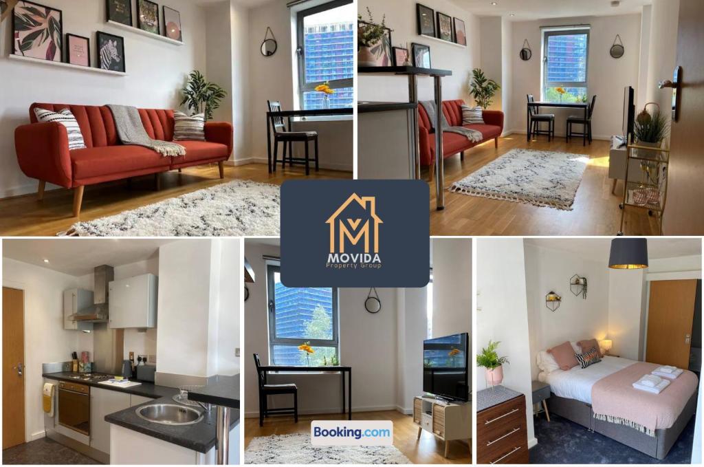 un collage de fotos de una sala de estar y un comedor en Stylish One Bedroom Apartment By Movida Property Group Short Lets & Serviced Accommodation Leeds en Leeds