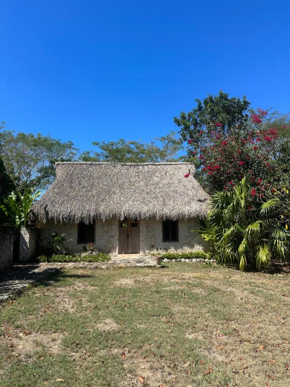 uma pequena casa com um telhado de palha e um quintal em Hacienda Guesthouse with Private Cenote em Espita