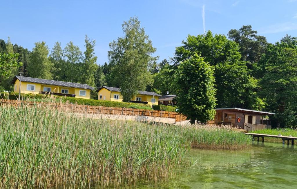 a row of houses on a hill next to a river at Ferienwohnung am See in Sankt Kanzian