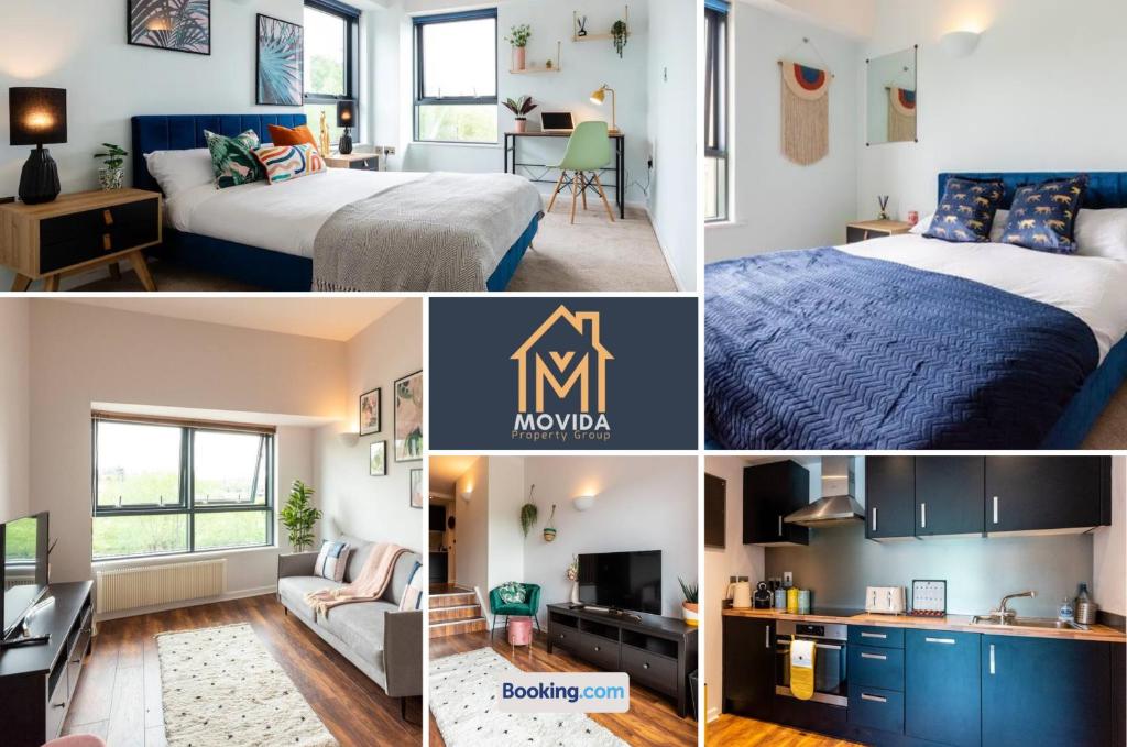 uma colagem de fotos de um quarto e uma sala de estar em Stylish Two Bed City Centre Apartment By Movida Property Group Short Lets & Serviced Accommodation Leeds em Leeds