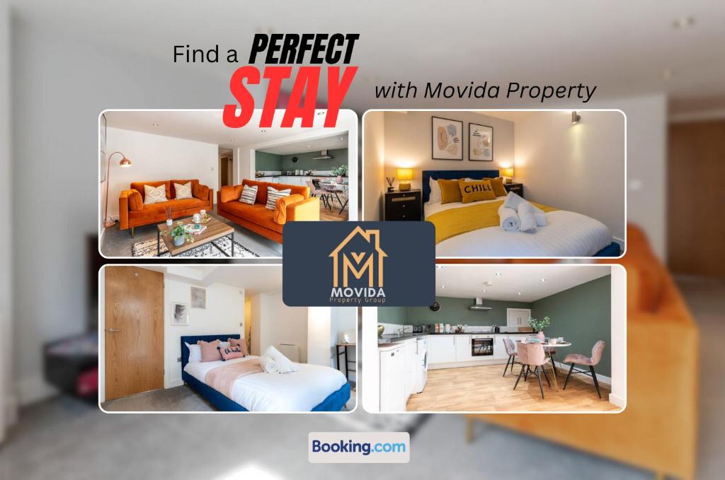een collage van vier foto's van een hotelkamer bij Stylish Two Bed Town Centre Apartment By Movida Property Group Short Lets & Serviced Accommodation With Parking in Harrogate
