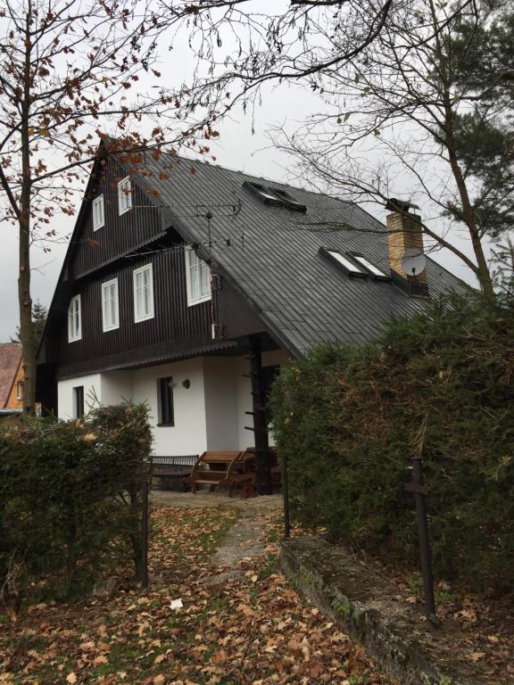 a house with a black and white roof at chata Alice in Rokytnice nad Jizerou