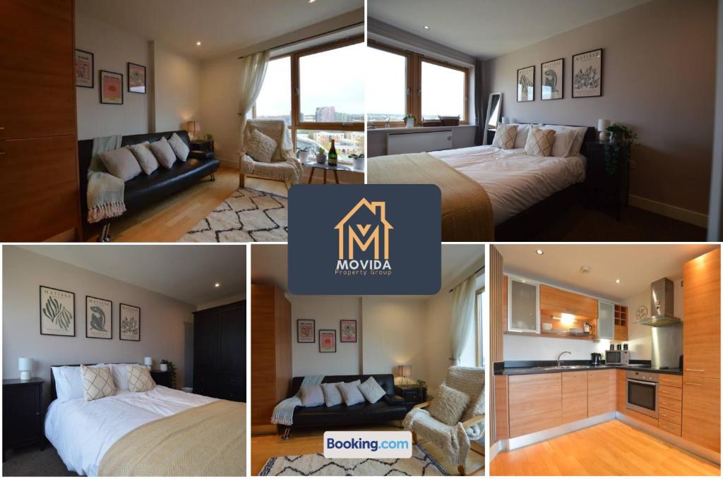 uma colagem de quatro fotografias de um quarto de hotel em One Bed Docklands By Movida Property Group Short Lets & Serviced Accommodation Hunslet em Hunslet