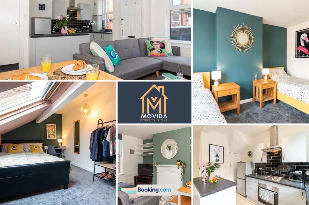 a collage of photos of a living room and bedroom at The Hyde Away Chic Urban Two Bedroom House By Movida Property Group Short Lets & Serviced Accommodation in Headingley