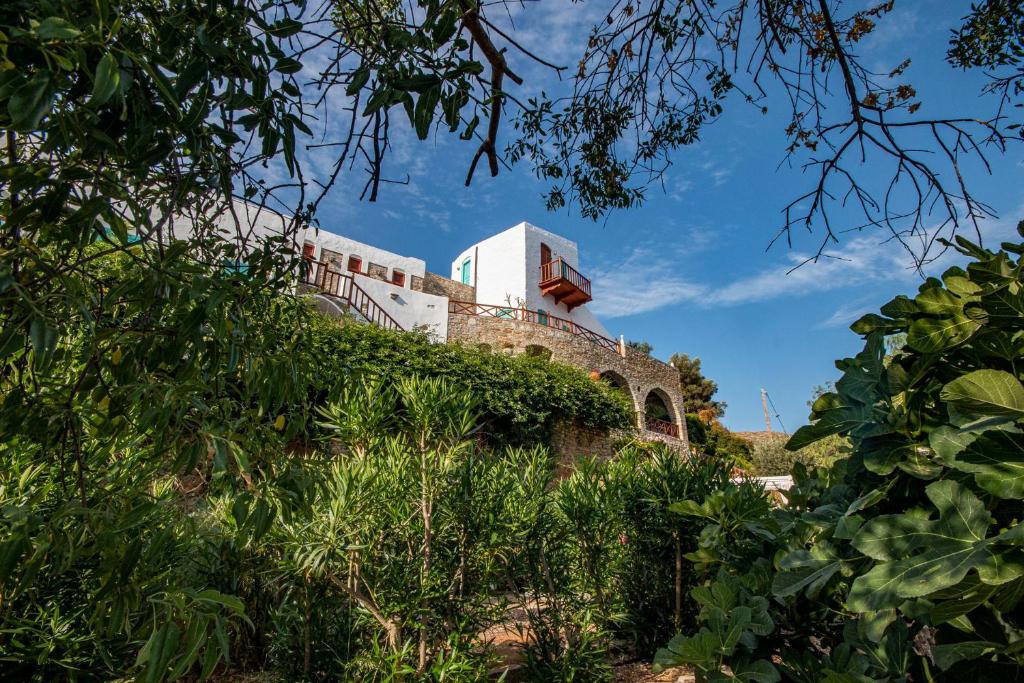 錫米的住宿－Emporio A Captivating 6-Bed Villa in Nimborio，一座植物繁茂的山顶上的建筑