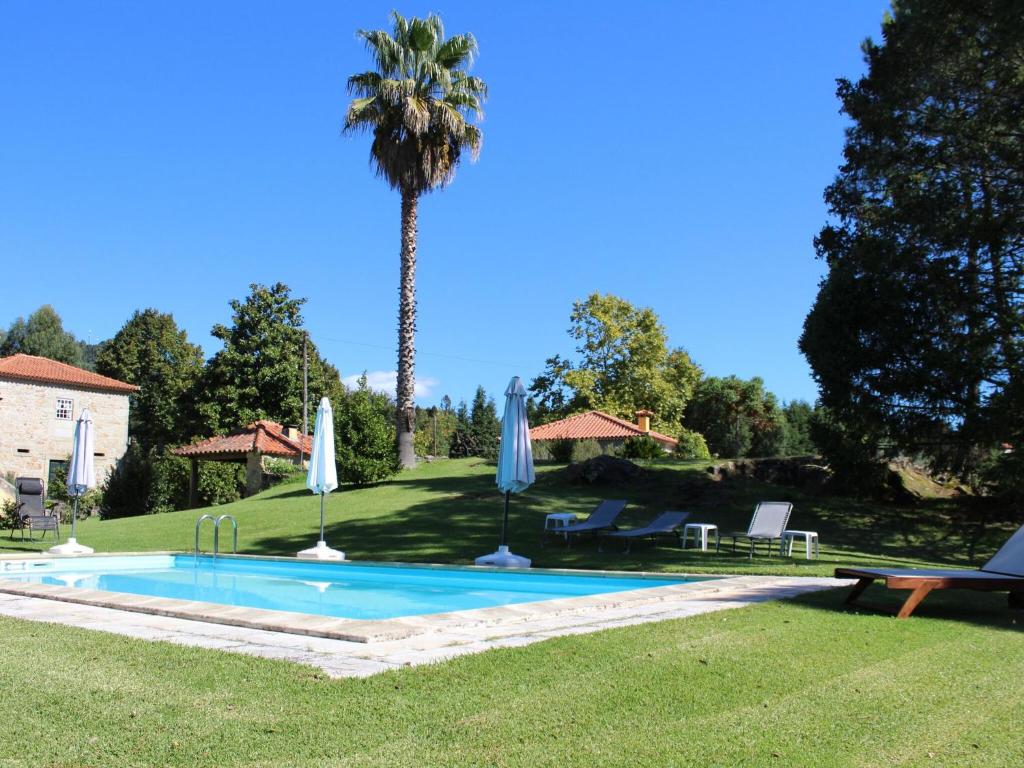 een zwembad in een tuin met een palmboom bij Beautiful cottage on the estate of a farm in Ponte de Lima
