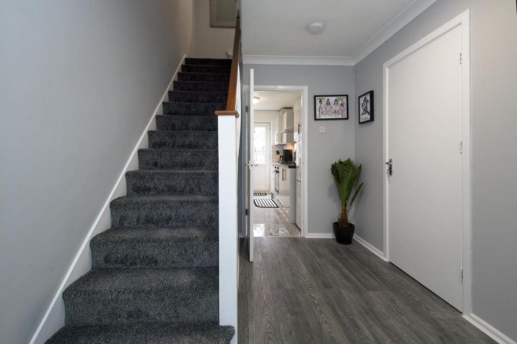 a staircase in a home with gray carpet at EDSPACE in Abbey Wood