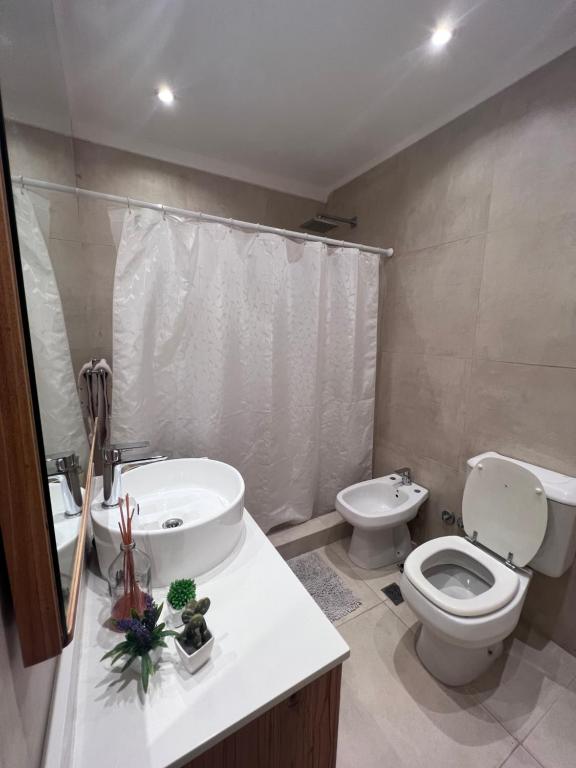ein Badezimmer mit einem weißen WC, einem Waschbecken und einem WC-istg in der Unterkunft Brickinn in Tigre