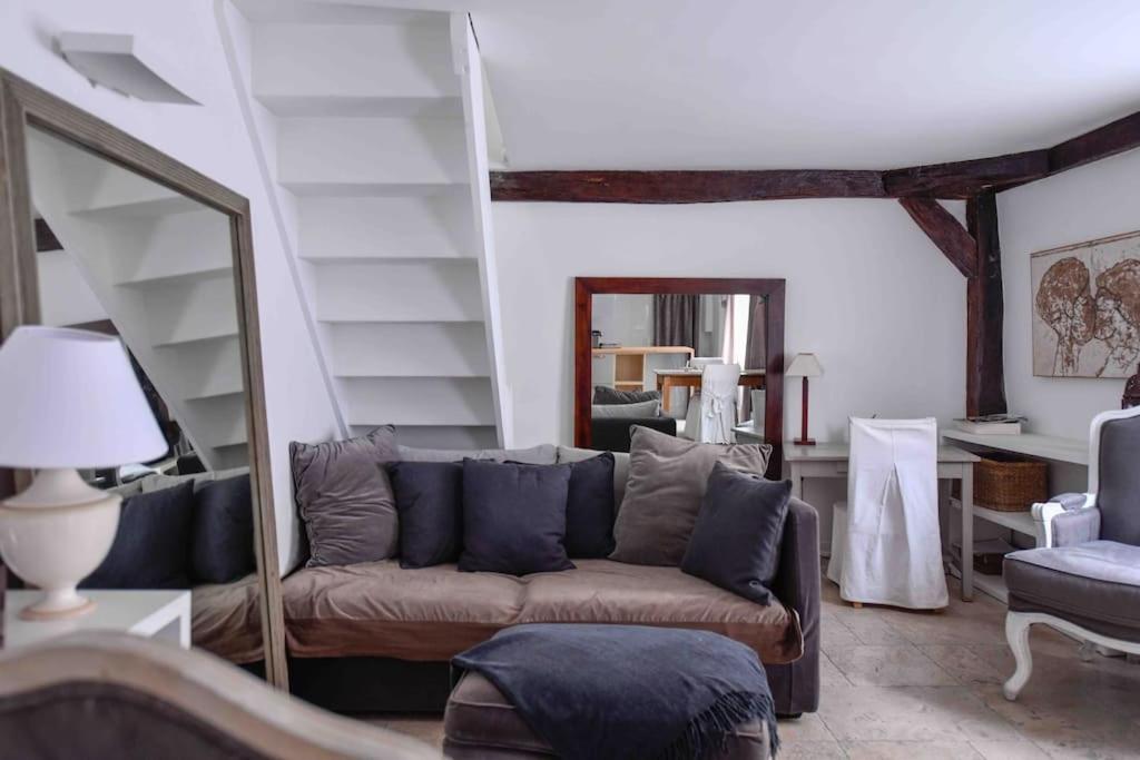 a living room with a couch and a mirror at Saint-Germain-des-Pr&eacute;s in Paris in Paris