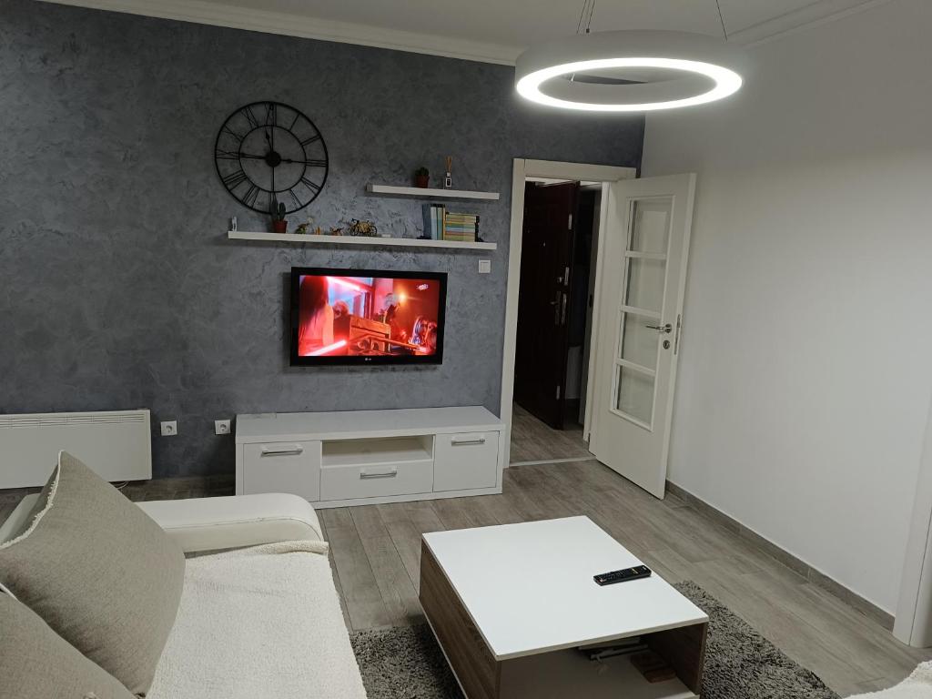 a living room with a couch and a tv on a wall at Apartment Maska in Budva