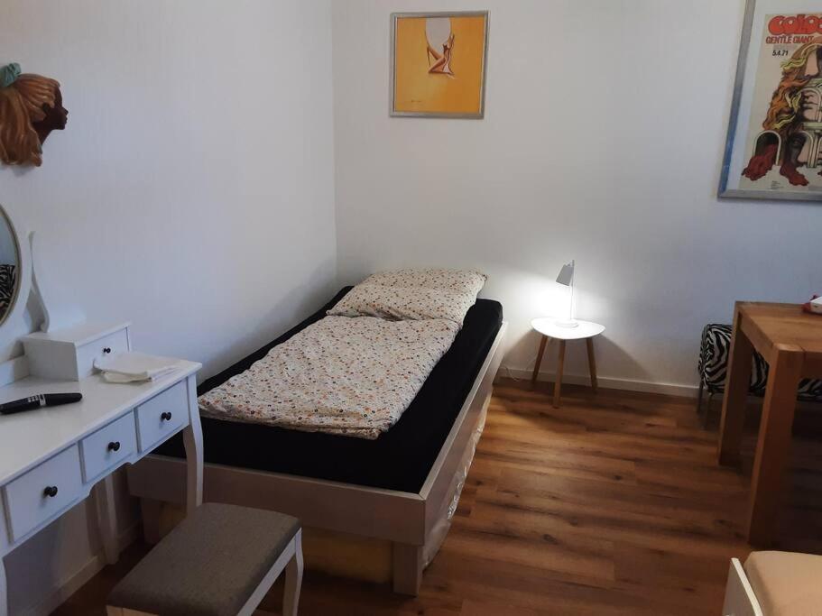 雷根斯堡的住宿－Alfred Second，一间小卧室,配有一张床和一张书桌
