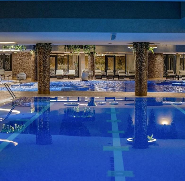 兹拉蒂博尔Zlatiborski biser lux apartmani的建筑物内有蓝色水的大型游泳池