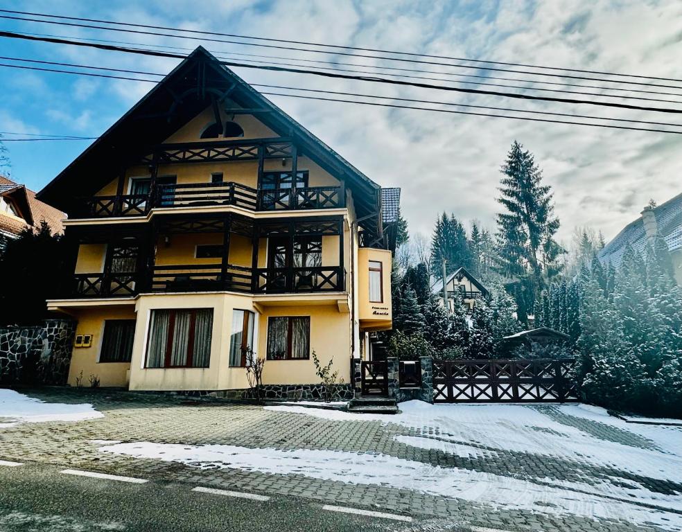 a yellow house with snow in front of it at Pensiunea Amnesia in Sovata