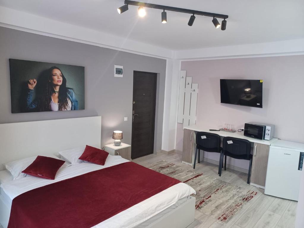 a bedroom with a bed and a desk with a tv on the wall at ApartHotel Oltului in Galaţi