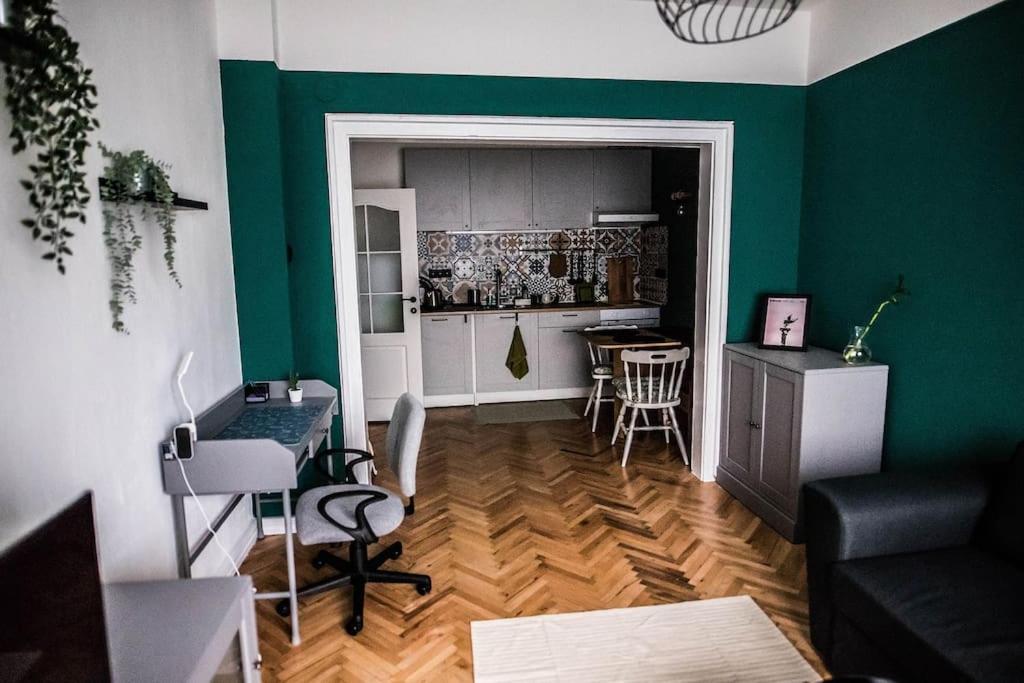 ein Wohnzimmer mit einer grünen Wand und eine Küche in der Unterkunft Green Flat Sofia Historic Center in Sofia