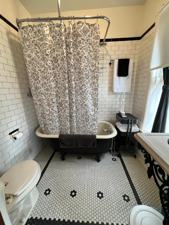 a bathroom with a shower curtain and a toilet at iKlektik House / Bagley in Detroit