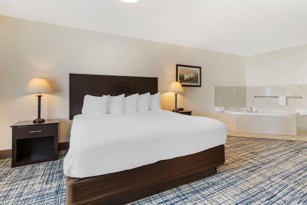 a hotel room with a large bed and a bath tub at Best Western Visalia Hotel in Visalia