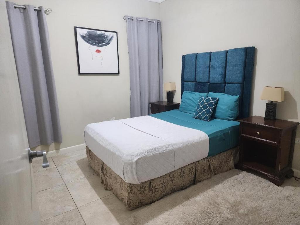 a bedroom with a bed with a blue headboard at Cozy one bedroom at perkins in Kingston