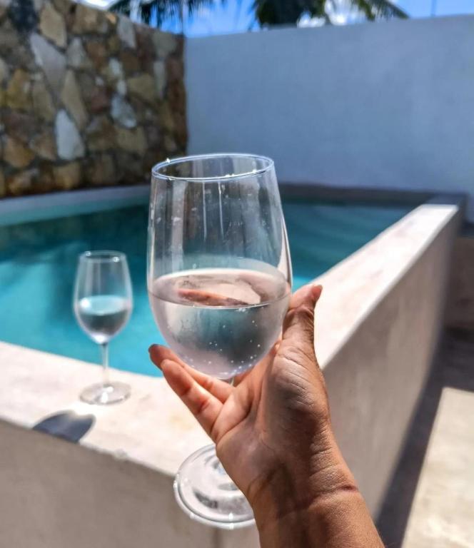 a person holding a glass of wine next to a pool at La Conchita de Sisal 2 in Sisal
