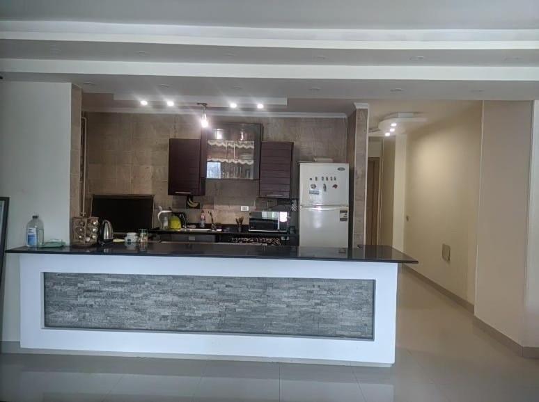 una cucina con piano di lavoro e frigorifero di Comfy Luxurious Apartment in Central Location in Mansheyet El Bakry East Cairo a Il Cairo