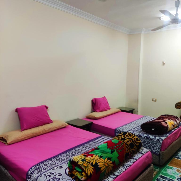 two beds in a room with pink and purple at Amazing Mountain View-Near City Center in Luxor