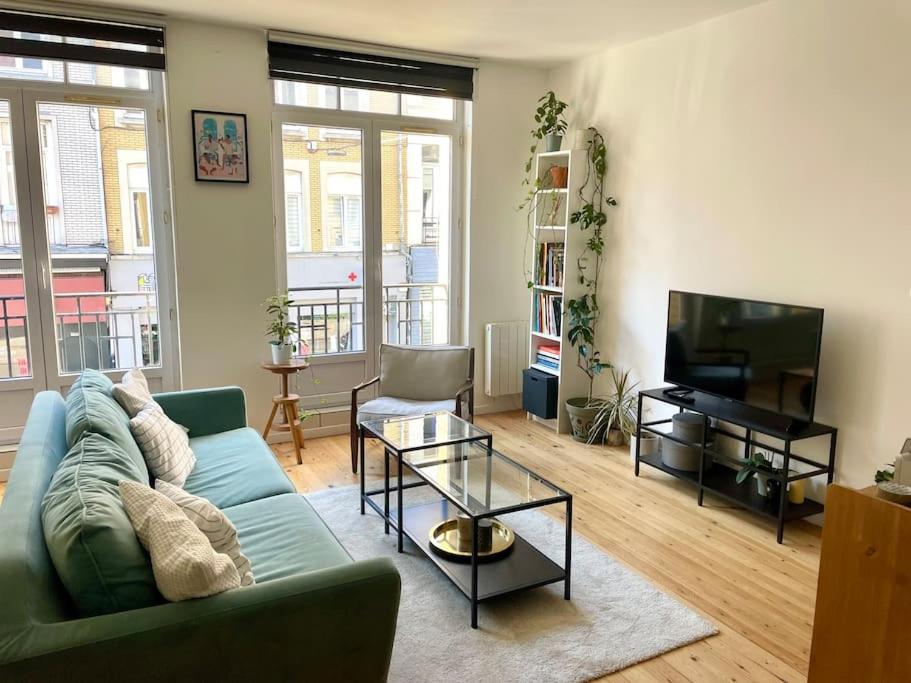 ein Wohnzimmer mit einem Sofa und einem TV in der Unterkunft Appartement lumineux et cosy au cœur de Lille in Lille