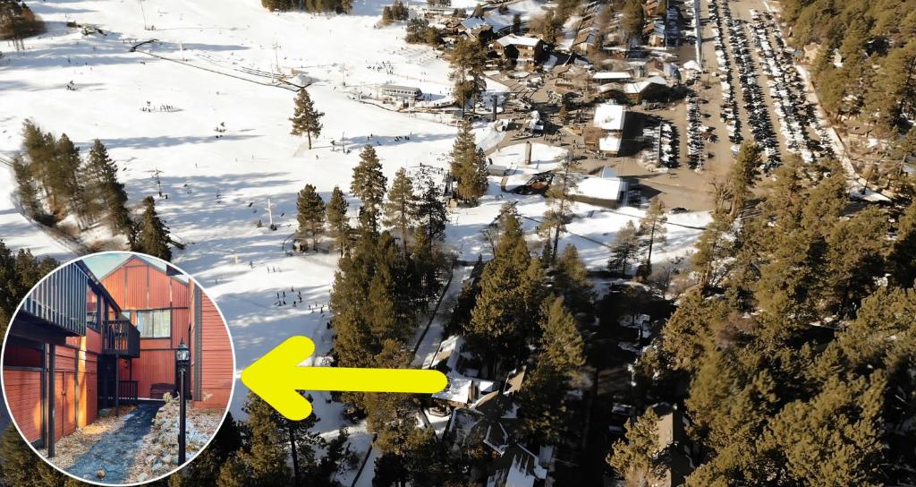 an aerial view of a ski resort with a yellow arrow at Remodeled Home at Snow Summit in Big Bear Lake