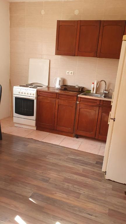 a kitchen with a stove and a sink at Apartman Lami in Tuzla